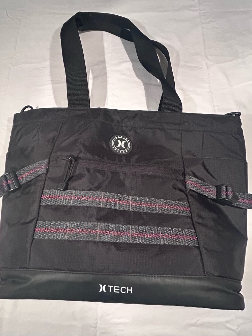 Hurley Black Tote Bag with Pink Stitching, Pockets. Vacation, Travel Beach